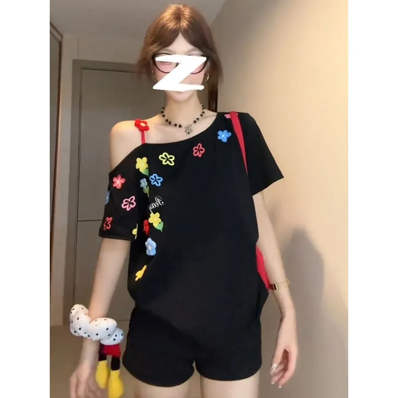 

Summer New Fashion Floral Printing Pure Cotton Off Shoulder T-Shirt Women's Vintage Loose Sleeveless Tops