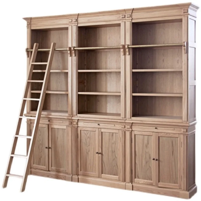 American combination solid wood bookcase, French old oak bookcase with ladder display case