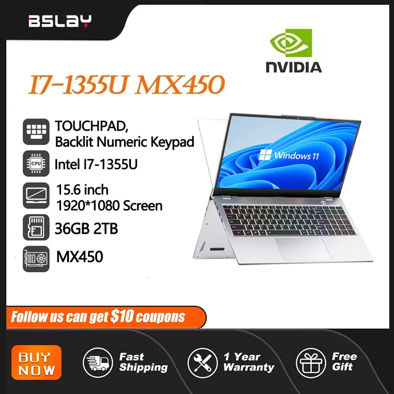 인텔 I7-1355U NVIDIA MX450 15.6 인치 노트북 지문 잠금 해제, 36GB DDR4 2TB SSD 백라이트 키보드, 10 코어 12 스레드 컴퓨터