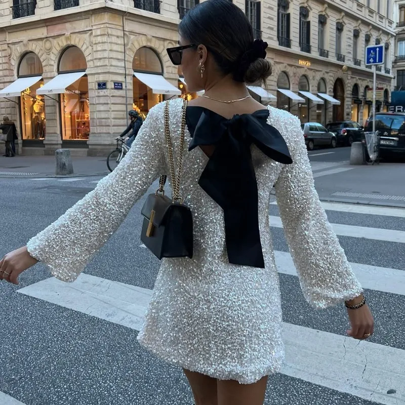

Talenza Fashion Bow Dress Elegant Sequin Patchwork Hollow Out Shimmering Dress Luxurious Vintage High-Street Women's Party Dress