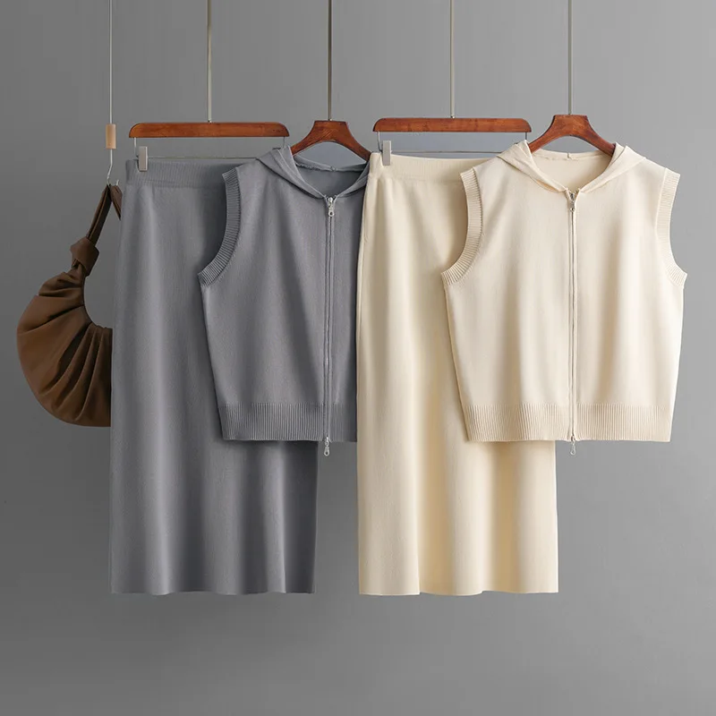 Women's Outftis Summer Knitted Skirts 2 Pieces Set Basic Hooded Sweater Cardigan Sleeveless Zipper Elastic Waist Midi Skirt Sets