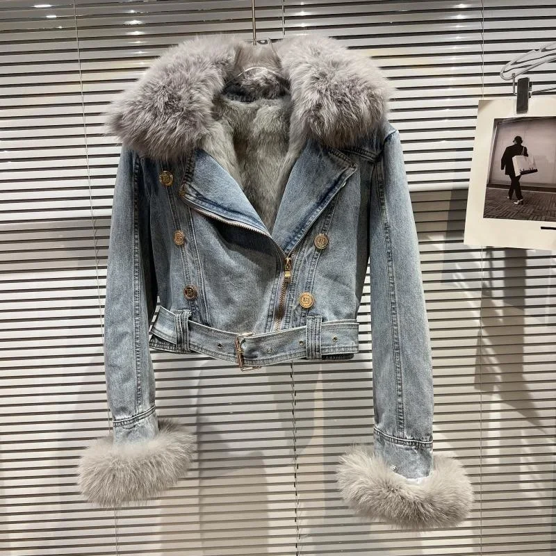 2022 Winter Fox Fur Collar Rabbit Fur Liner Double Breasted Metal Buttons Belt Light Blue Warm Denim Jacket Women