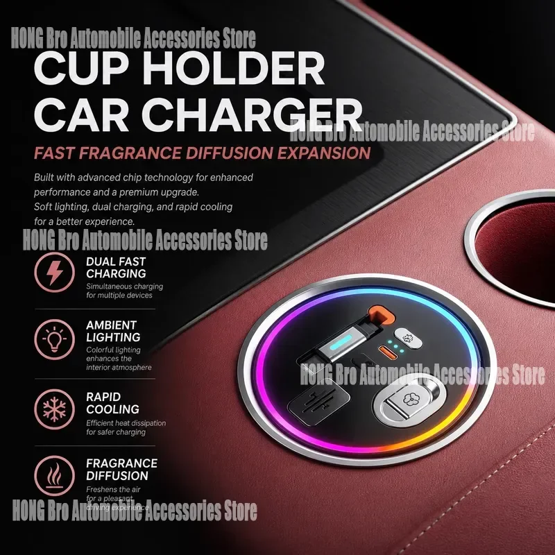 Suporte para Celular para Porta-Copos de Carro com Carregador Sem Fio Rápido, Difusor de Aromaterapia, Estação de Acoplamento, Acessórios Internos, Aj
