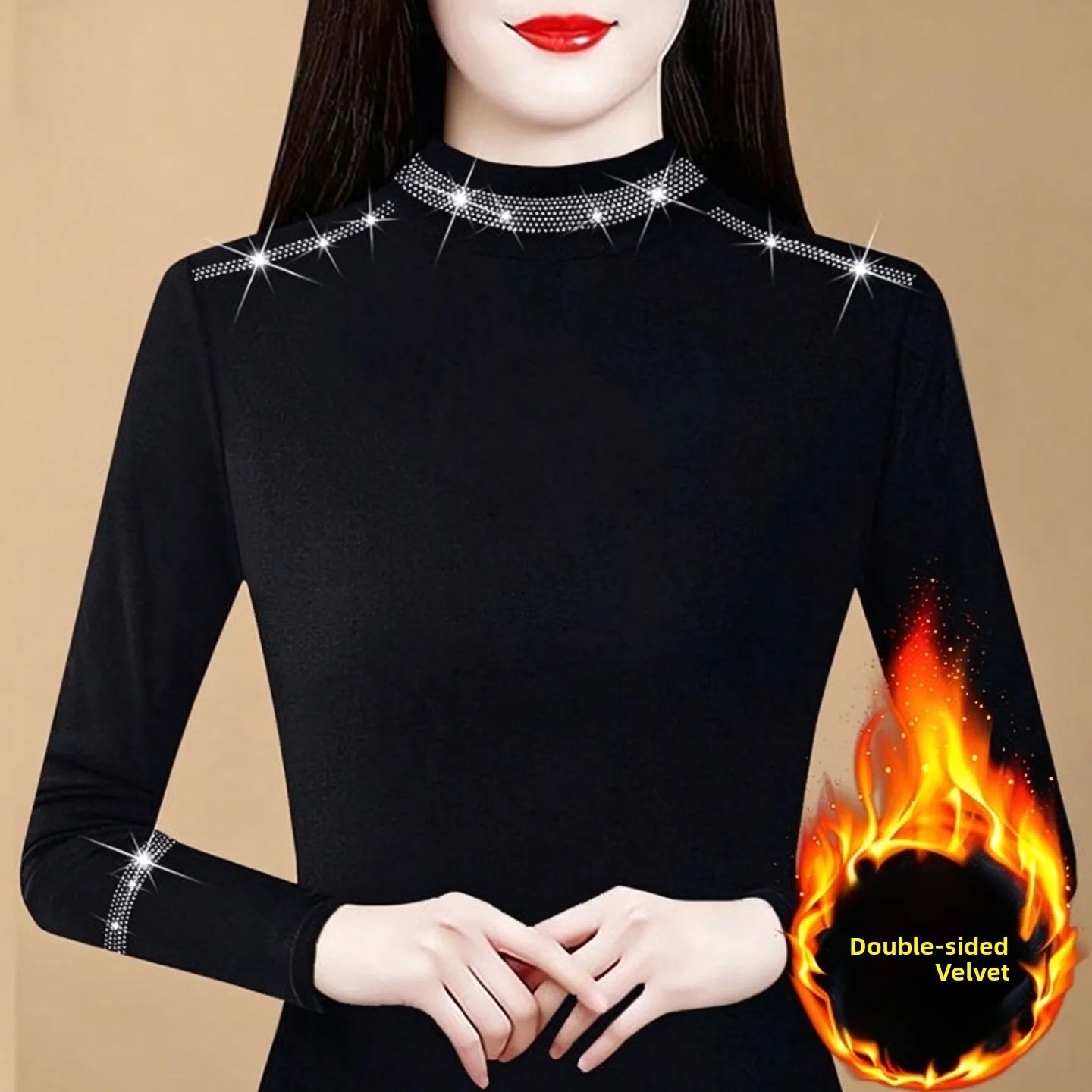 Double-Sided Velvet Long-Sleeve T-Shirt High-Neck Bling Mommy's Wardrobe Essential Autumn Fashion Commute Style Polyester Fiber