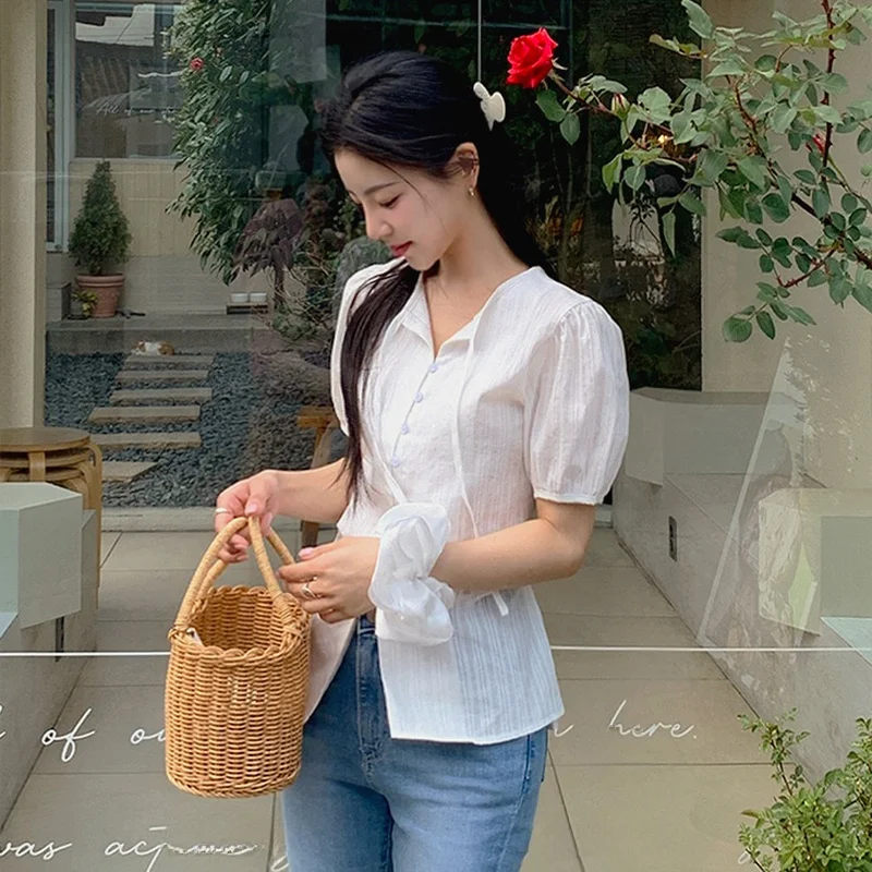 

Новый летний женский повседневный топ на пуговицах с узлом и узлом для женщин 8–24 лет без специального цвета.