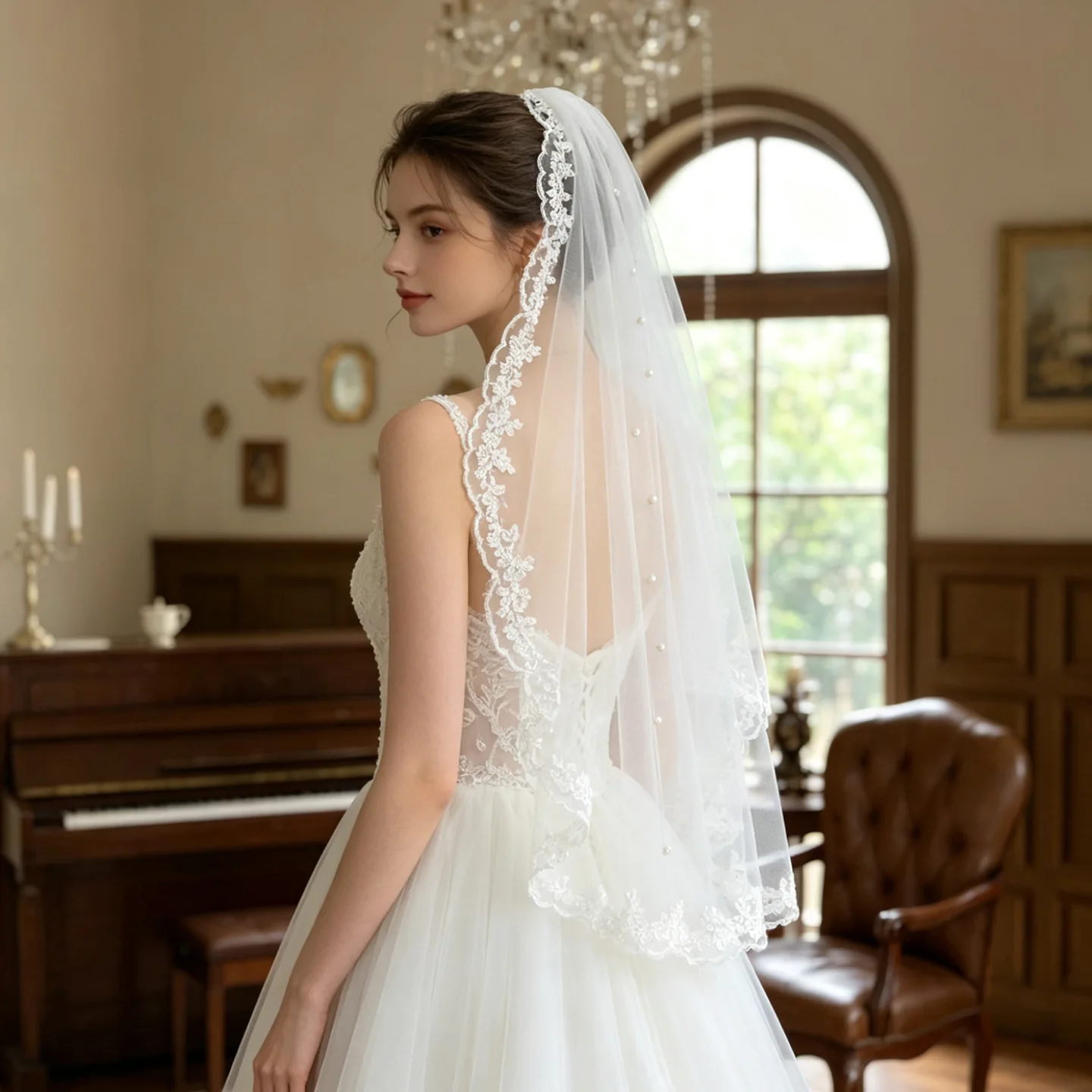SLBRIDAL Einlagiger Spitzenblumenkanten-Perlen-Brautschleier mit Kämmen Hochzeitsschleier Hochzeitsaccessoires für Braut Hochzeit Damen – Detail 1