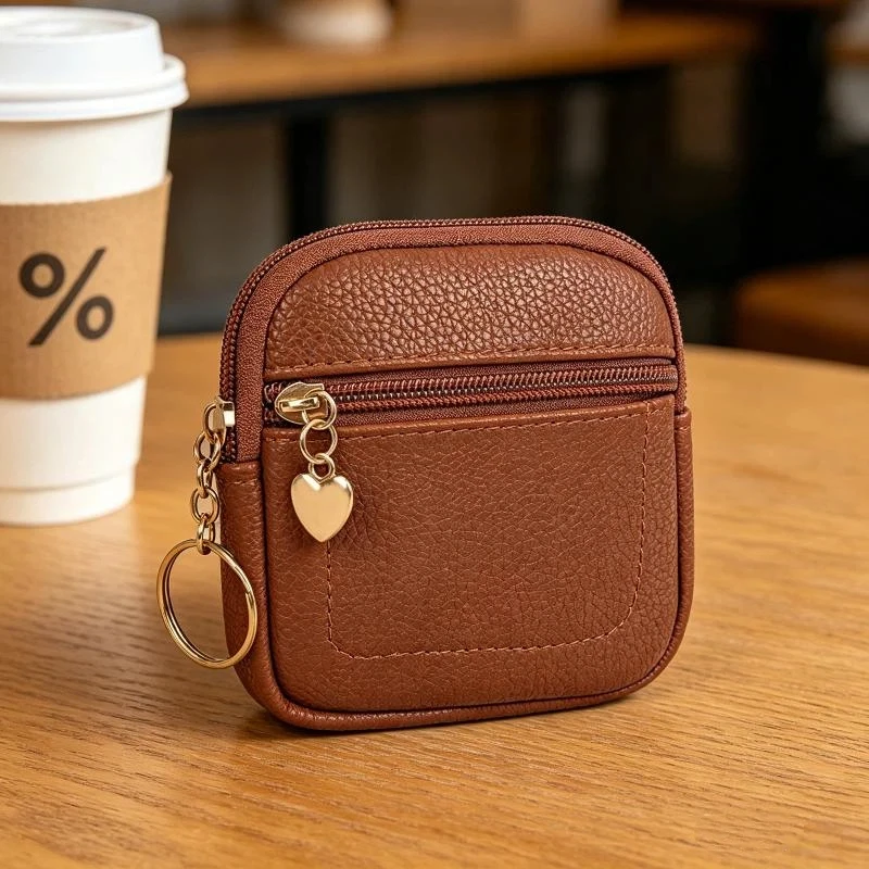 Portable Mini Leather Coin Purse With Heart Charm Keychain Zippered Small Wallet For Women
