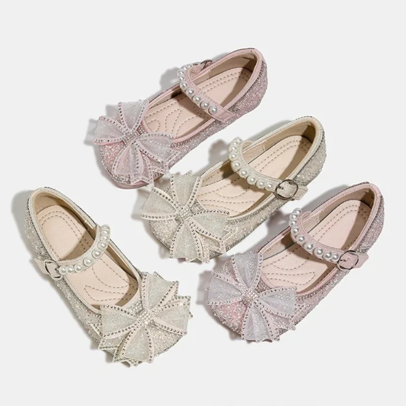 

Children's Crystal Leather Shoes Spring 2025 New Fashion Bow Pearl Girls' Princess Shoes Soft Bottom Comfortable Baby Flat Shoes