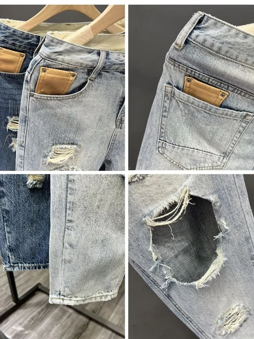 

Модные мужские свободные джинсы скинни, летние новые джинсы с большими дырками, корейская версия, прямые широкие брюки с девятью штанинами