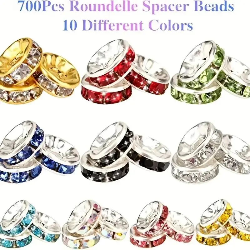 700pcs 10 Colors 8mm Spacer Beads Crystal Beads Rhinestone Beads Rhinestone Charms Beads For Jewelry Making Bracelet Pendants