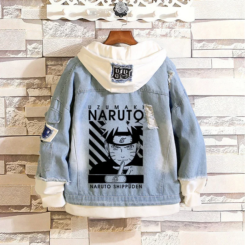 Chaqueta Bomber vaquera de Anime Naruto, sudadera vaquera con capucha Sasuke, sudadera Unisex con agujeros rasgados, Sudadera con capucha de Cosplay, chaqueta vaquera de manga larga, regalo