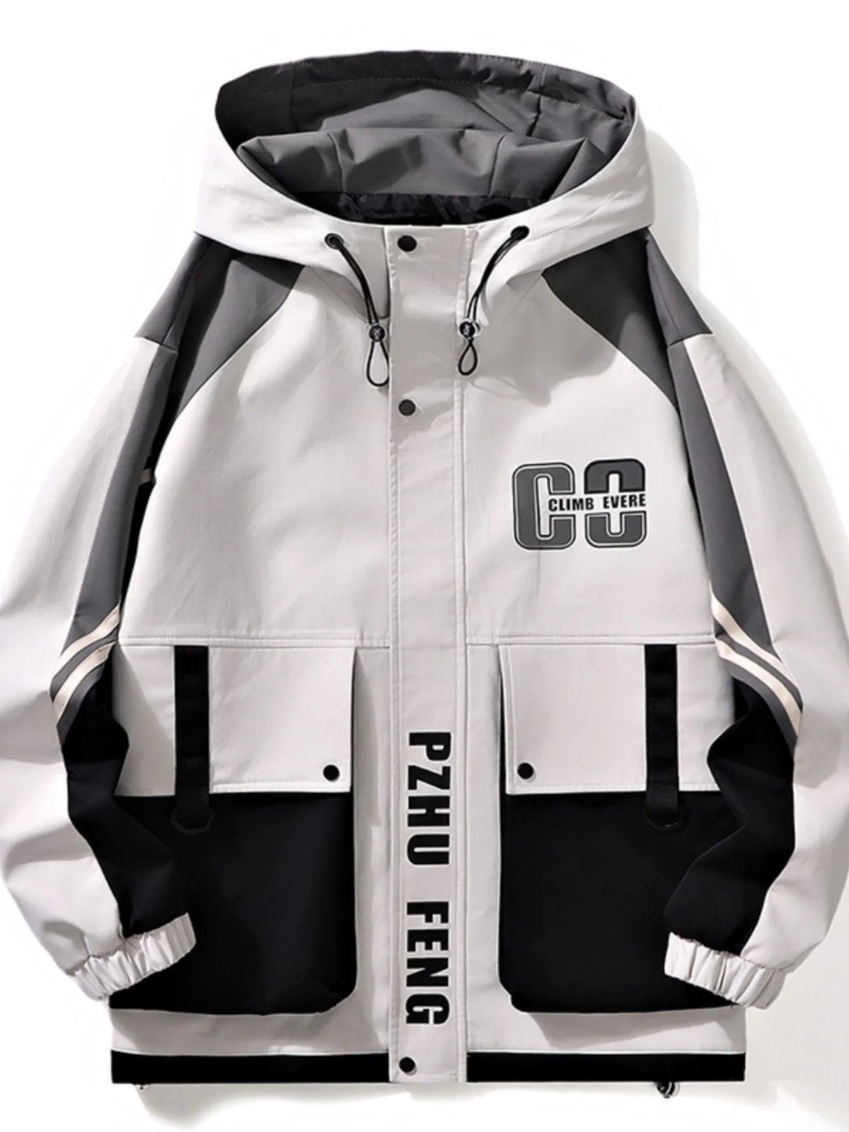 

Trendy Printed Hooded Jaet for Teens Spring Autumn Loose Fit Casual Youthful Polyester Long Sve Zipper Closure Windproof