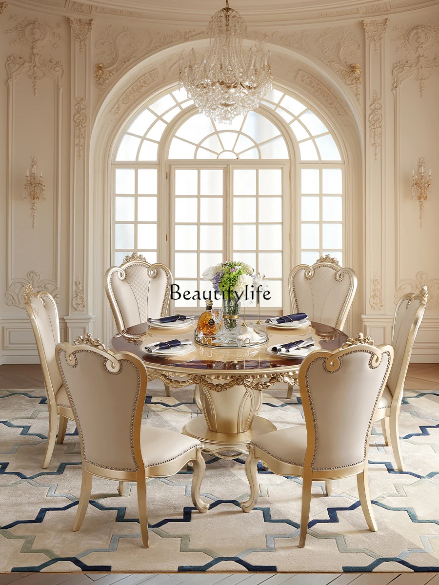 

Light Luxury Wood Carving Silver Foil round Table European Turntable Dining Tables and Chairs Set