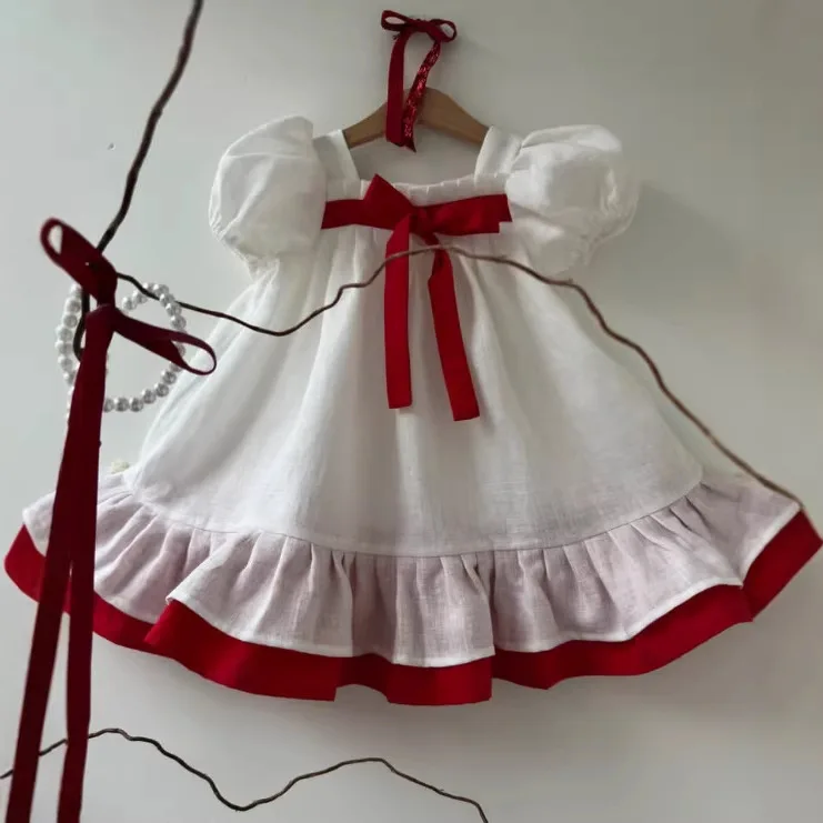 2026 Ins Spring Summer Linen Girls Splicing Palace Style Bubble Sleeves Simple Design Princess Dress