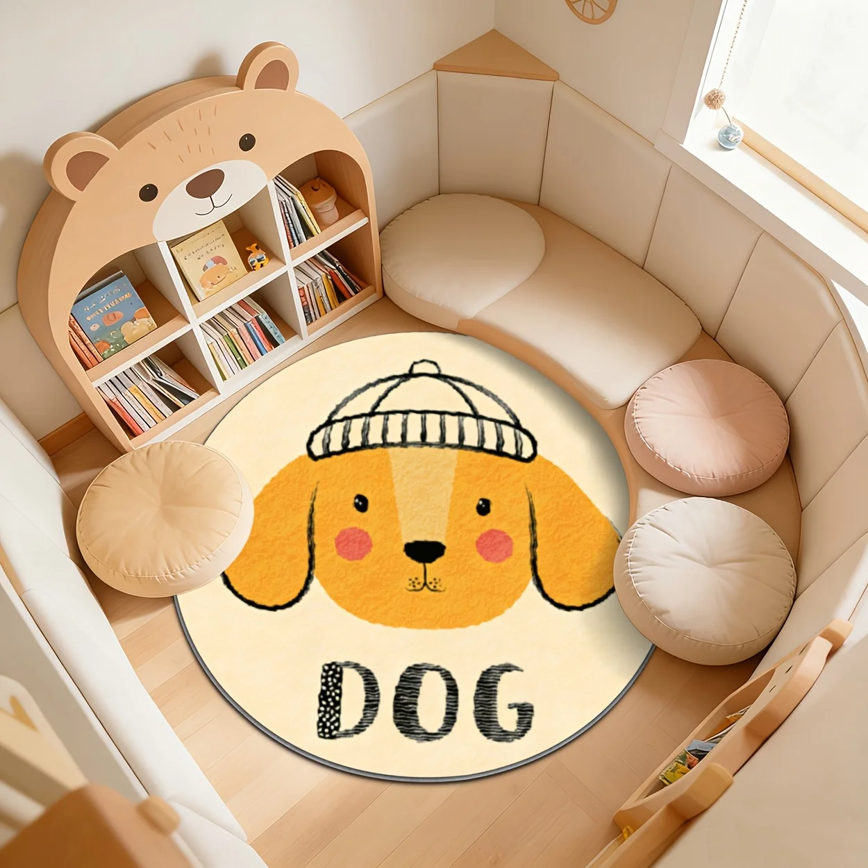 Cute Dog Face Round Area Rug Play Mat Nursery Kids Room Decor Pet Paw Cartoon Puppy Floor Throw Gift for Boy Girl
