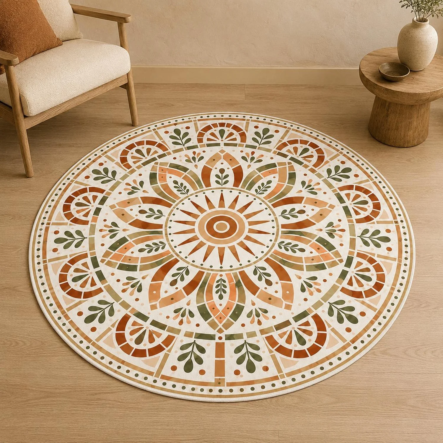 Plant Mosaic Round Carpet, Terracotta Carpet, Mediterranean Style Decoration