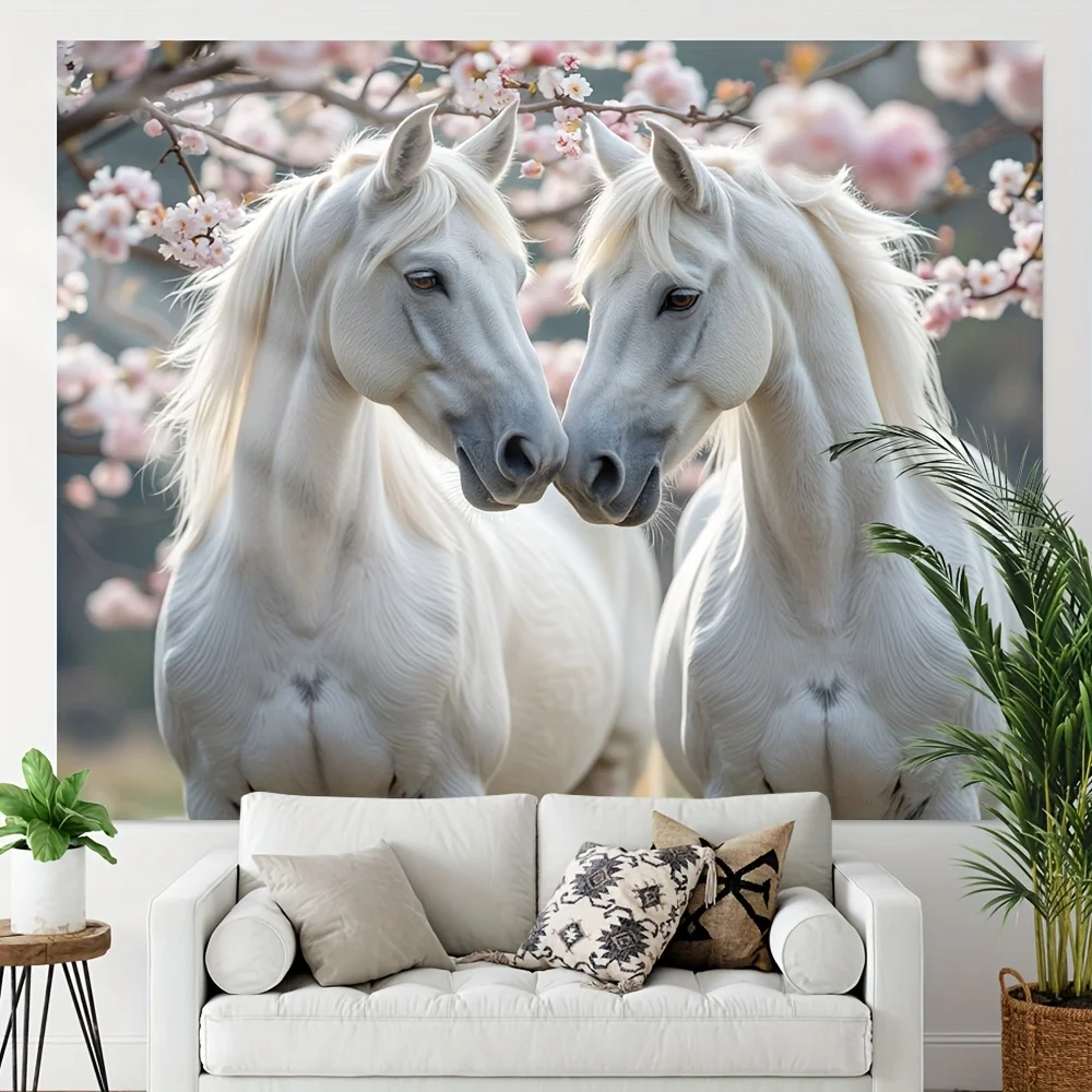 Romantic Horse Couple With Pink Flowers And Spring Background Art Print For Home Decoration