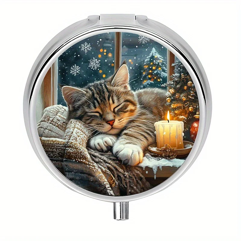 Single-piece, flat, small box with three compartments, featuring a kitten-themed design, can be used as a storage box, travel carrying case, and vitamin storage box. This is a decorative metal pill box used for storing medication and vitamins