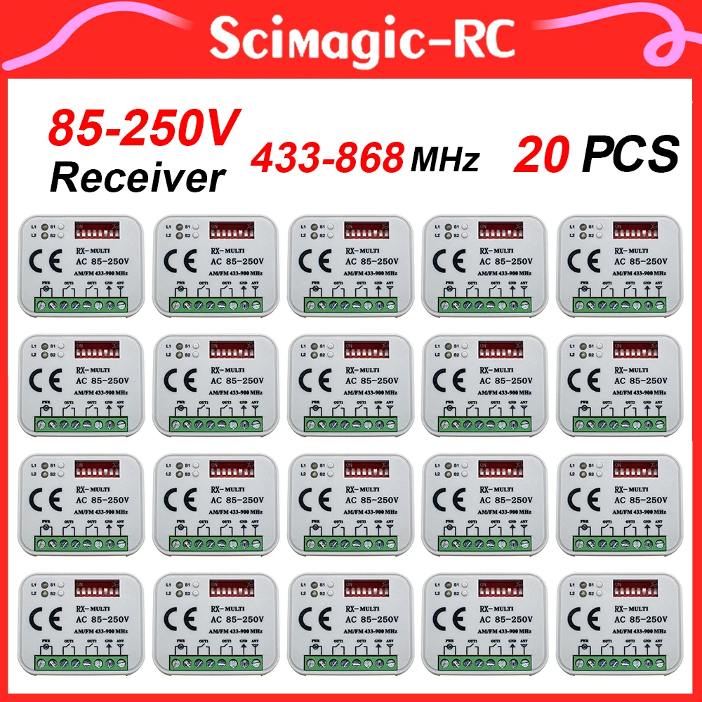 20PCS. AC 85-250V 220V 2 Channels Receiver For Most 300MHz to 868MHz 433MHz 868 mhz Garage Door Remote Control