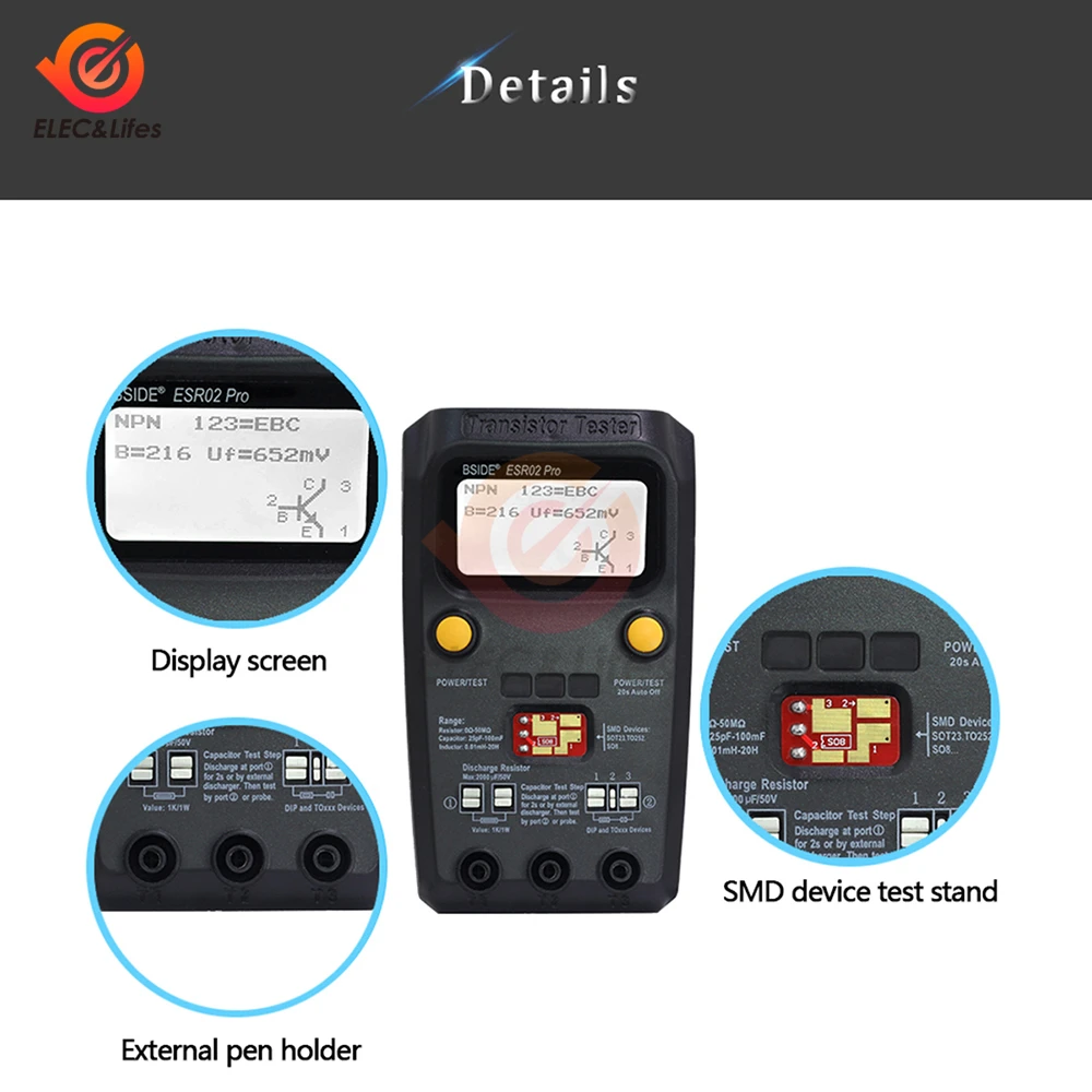 Imagem -05 - Multi-purpose Smart Transistor Tester Esr Smd Esr02pro Diodo Triode Capacitância Resistor Medidor Medidor Lcd Mos Pnp Teste Npn Esr02