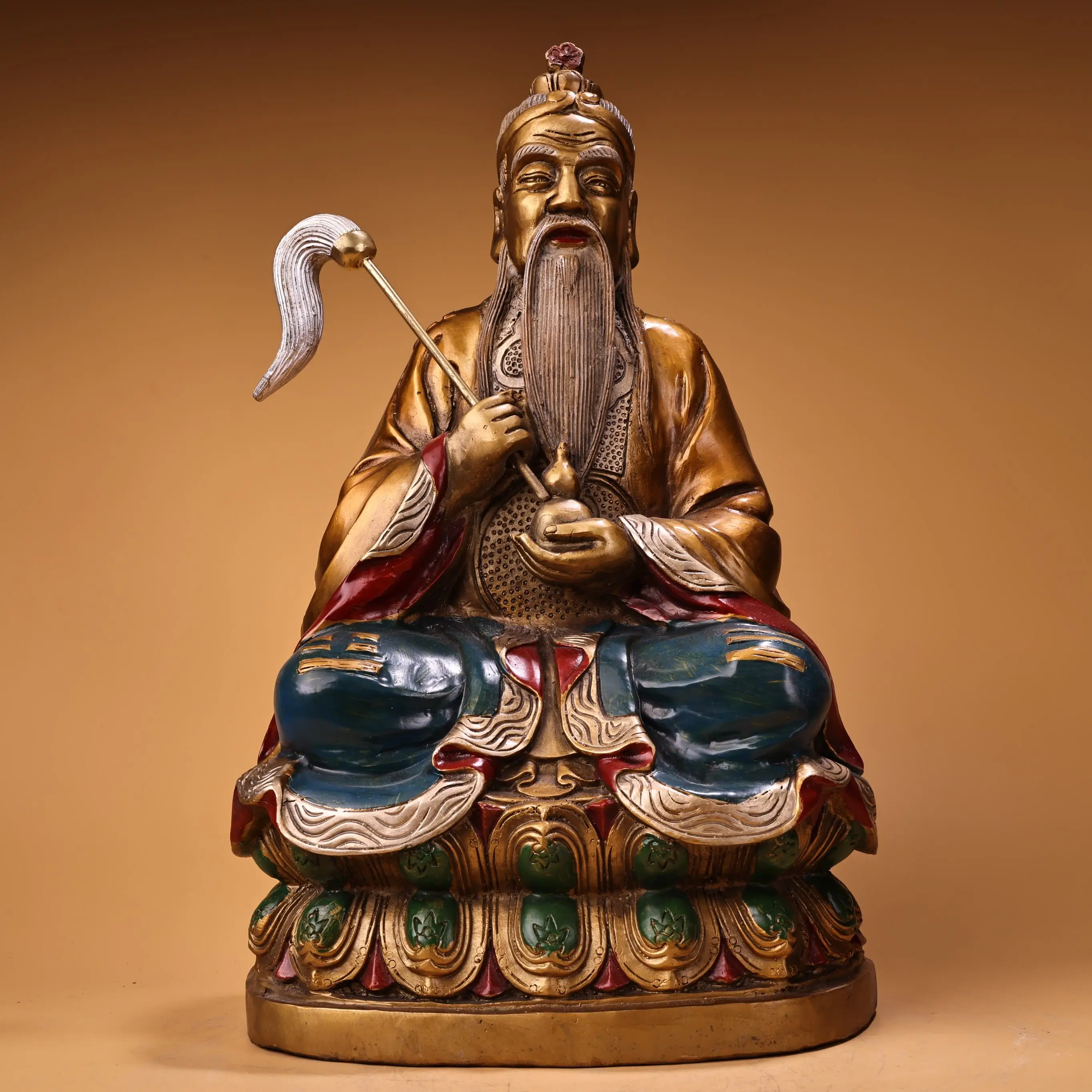 

15"Xizang Folk Old Bronze High Relief Gilded Painted Lord Lao Zi immortals Laotse Sitting Buddha Worship Hall