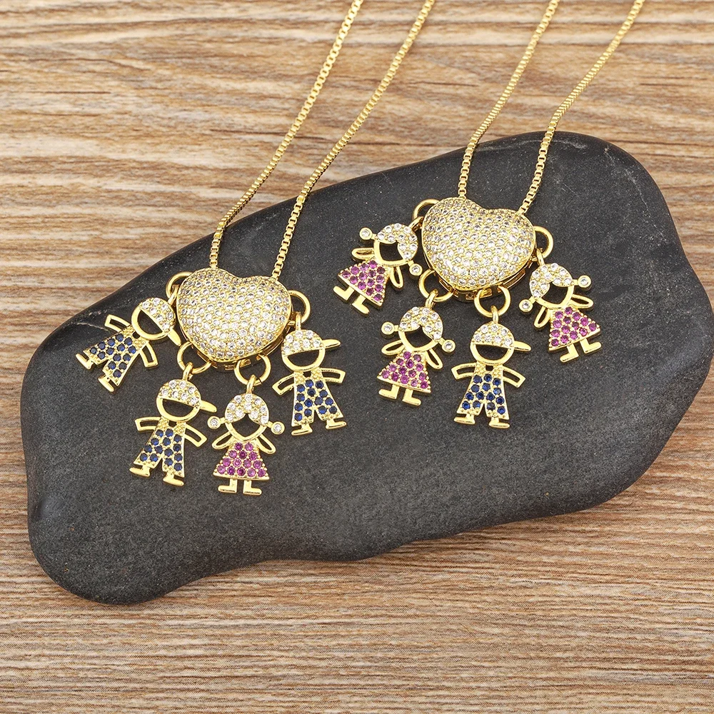 Nidin Fashion Hot Family Member Pendant Necklace Micro-Studded Zircon Love Heart Parent-Child Jewelry Mother's Day Gift