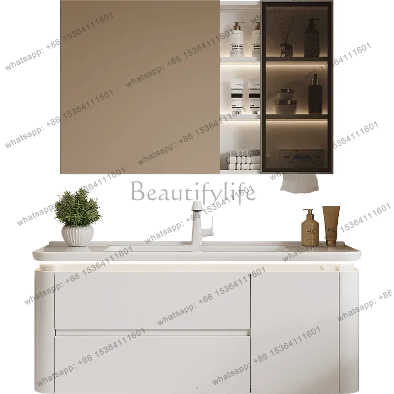 French Cream Wind Ceramic Integrated Smart Bathroom Cabinet Mirror Cabinet Combined Toilet Storage Wash Table
