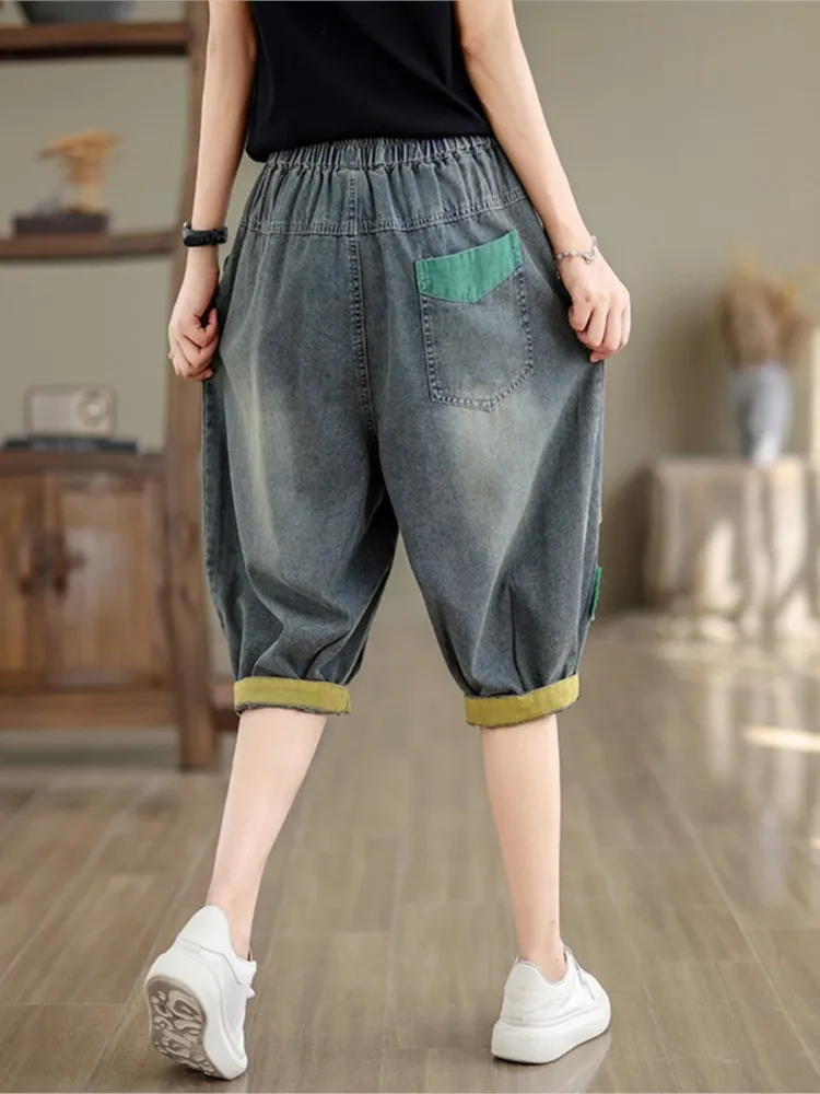 Jeans Oversized Spring Summer Denim Mini Pant Women Embroidery Modis Casual Loose Ladies Trousers Elastic High Waist Woman Pants