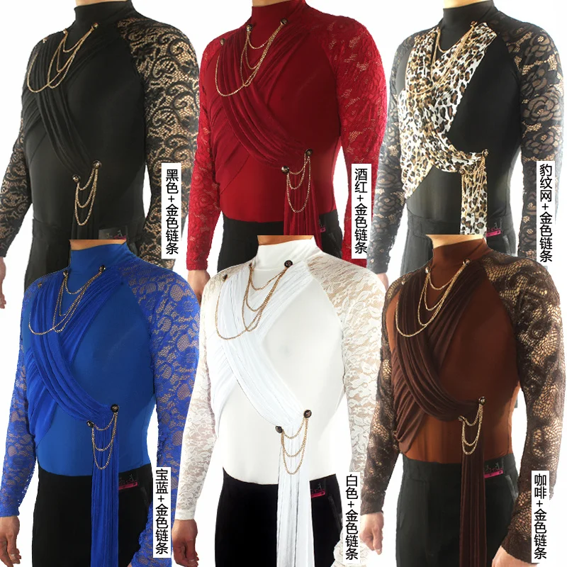 Camisas de baile latino para hombre, camisa de manga larga con estampado de encaje, cuello alto, Top de baile de rendimiento de competición, Rumba y Samba