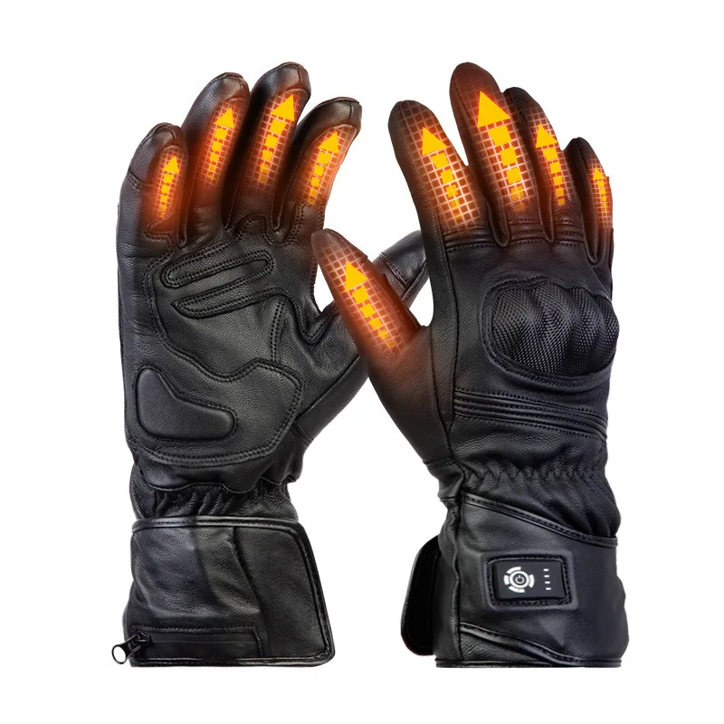 7.4V Heated Leather Motorcycle Gloves, Rechargeable Hard Knuckle Armor Waterproof Touchscreen Winter Racing Skiing Gloves
