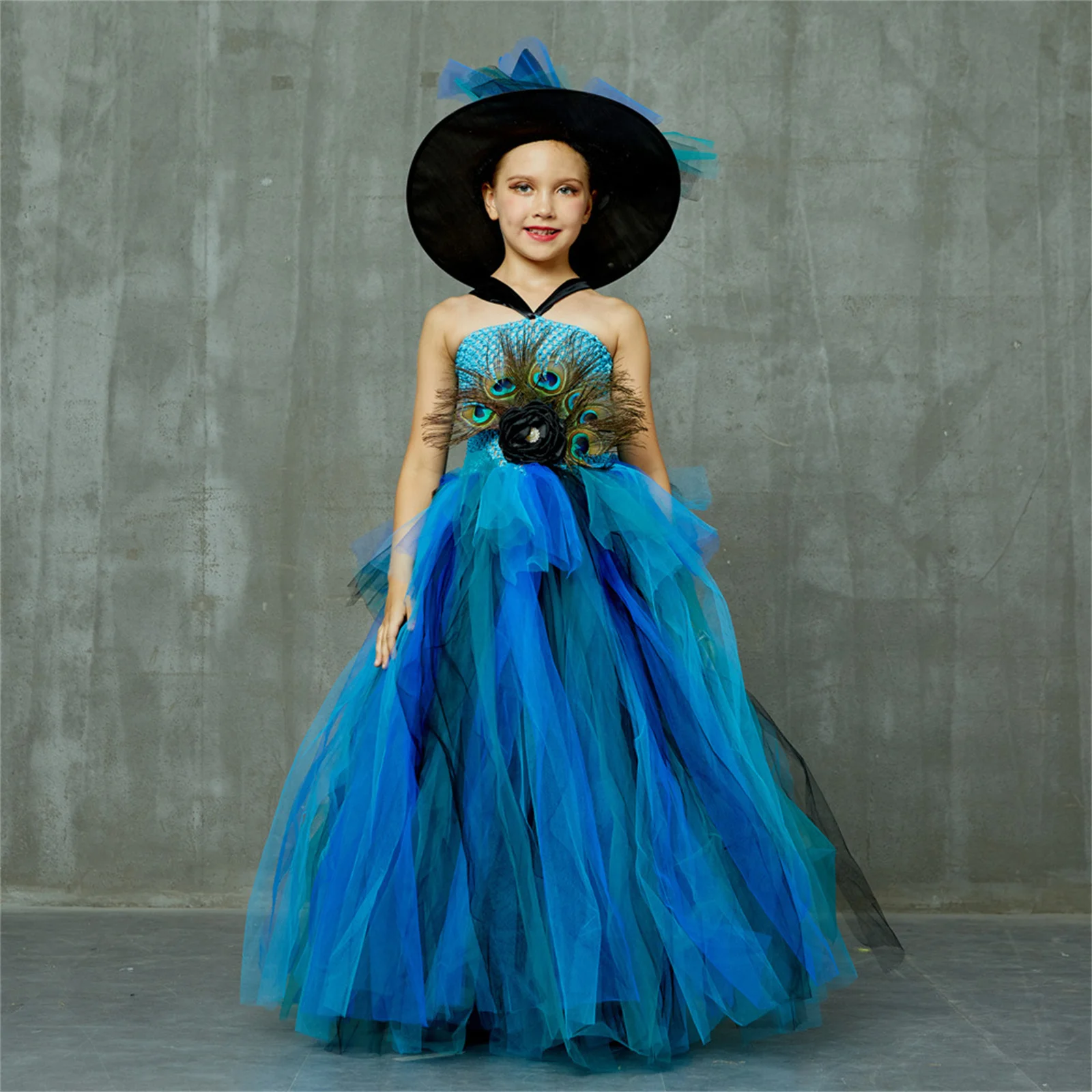 Kids Girls' Peacock Feather Dress Model Catwalk Performance Tail Dress Festival Mesh Cosmetic Costume with Hat