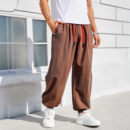 Imagen 2 del producto Pantalones Harem para hombre, pantalones de chándal holgados de estilo chino de algodón y lino de Color sólido, pantalones de chándal acogedores, pantalones casuales para hombre de alta calidad