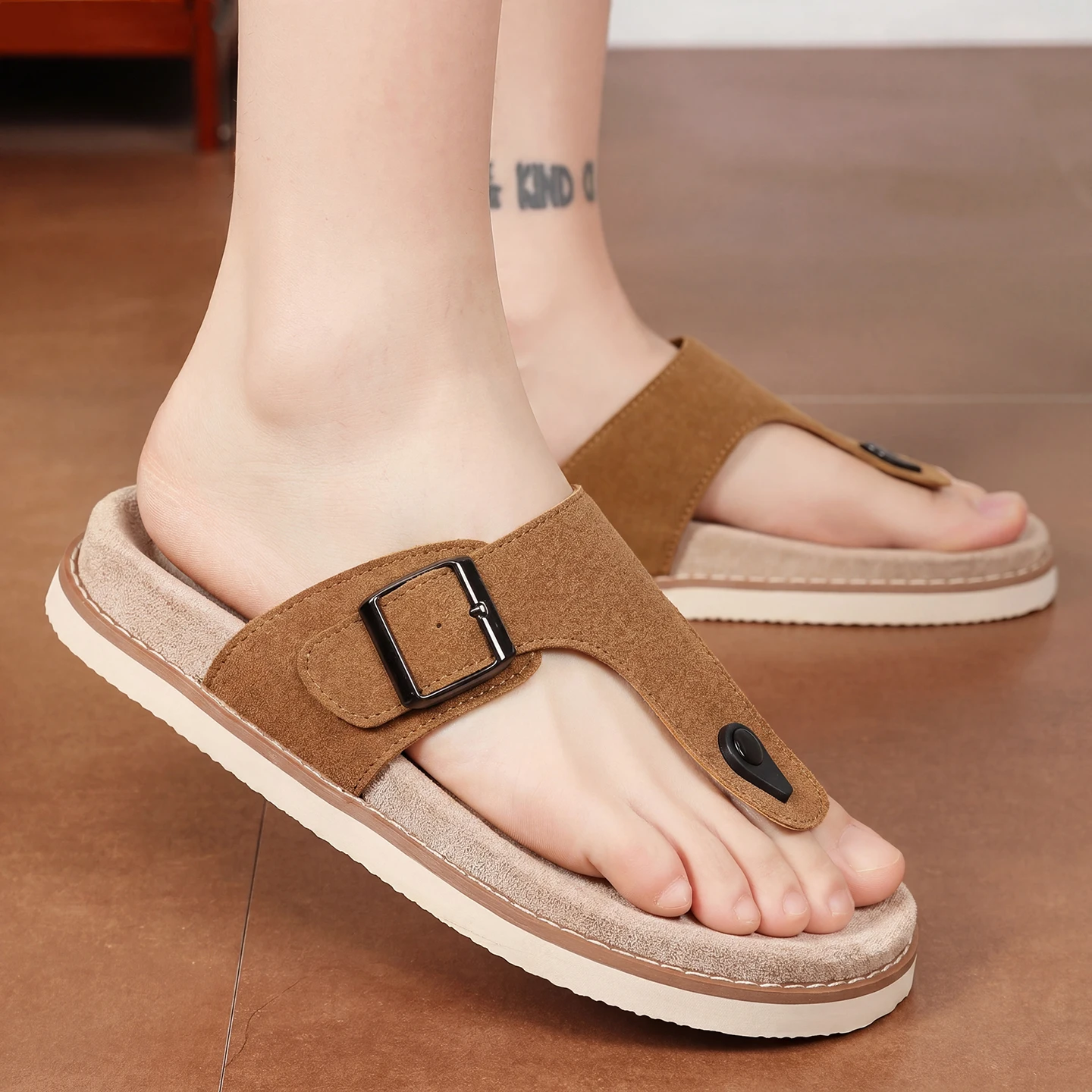 

Birkenstyle Men's Summer Outdoor Sandals Anti-slip Wear-resistant Toe Post Slippers Breathable Flat Heel Rubber Sole Flip Flops