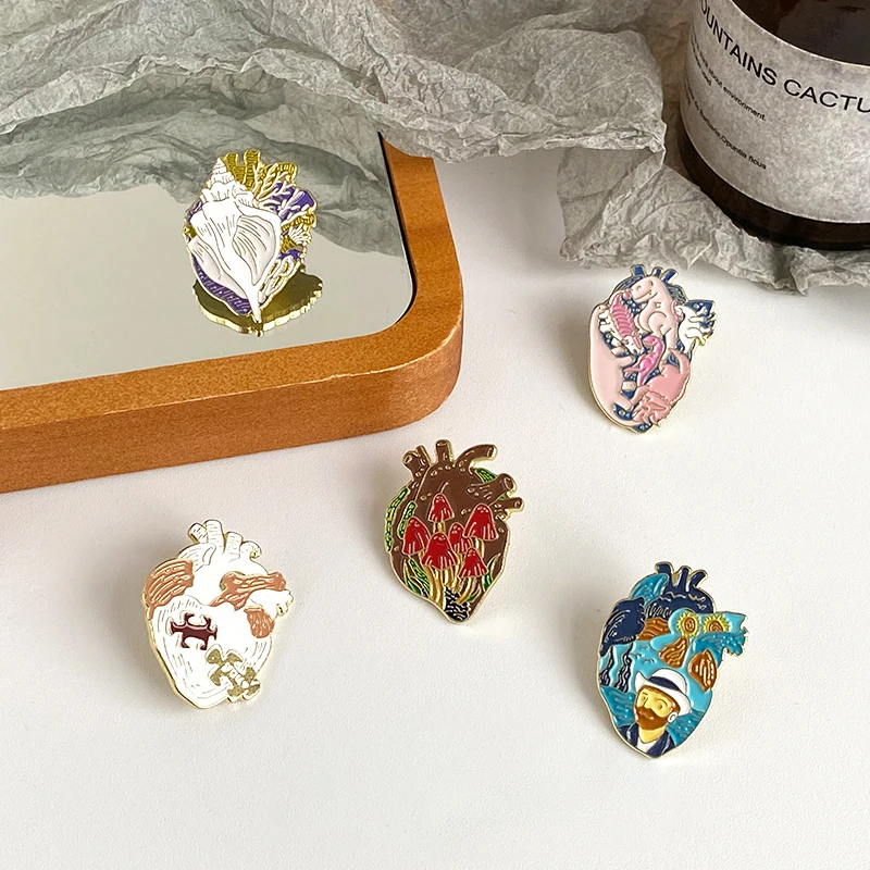 Oragn Heart Enamel Pin Custom Oil Painting Mushroom Dinosaur Puzzle Conch Brooch Lapel Badge Jewelry Gift for Kids Friends
