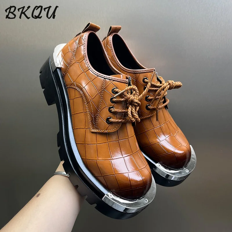 

BKQU Derby Shoes Men's Youth Model Autumn 2025 Collection British Style Trendy and Versatile Crocodile Pattern Casual Shoes