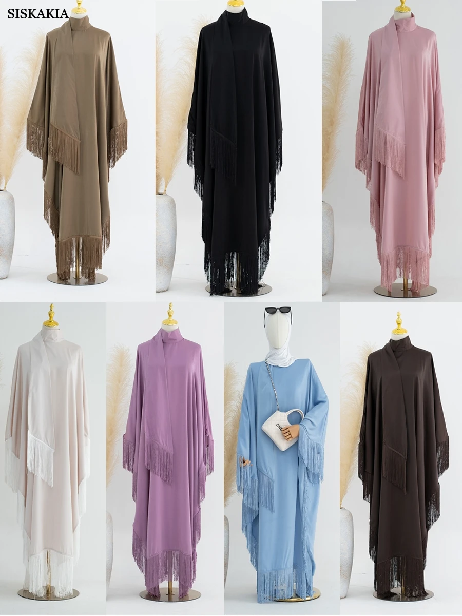 Imagem -03 - Siskakia-abayas Muçulmanas Brilhantes de Cetim para Mulheres Manga Lanterna Gola Xale Roupas Casuais Kaftan Turco Dubai Caftan Marroquino Xale