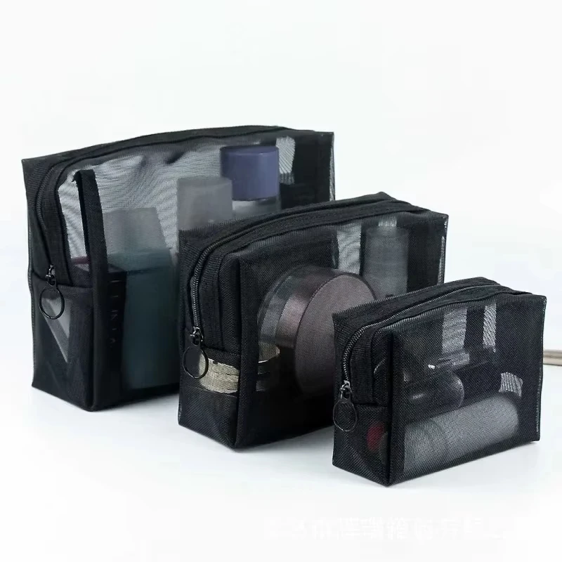 

Black Square Nylon Mesh Cosmetic Bags Portable Large Capacity Waterproof S/M/L Toiletry Makeup Organizer Travel Wash Storage Bag