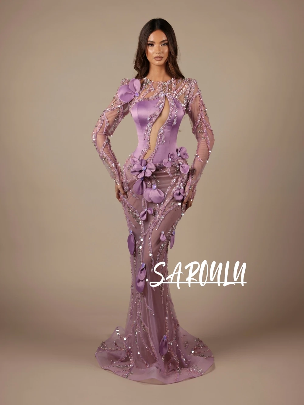 

Уникальное впечатляющее вечернее платье фиолетового цвета с 3D цветочным декором, блестками и пайетками, прозрачными длинными рукавами, для торжественных мероприятий и выпускных, на заказ