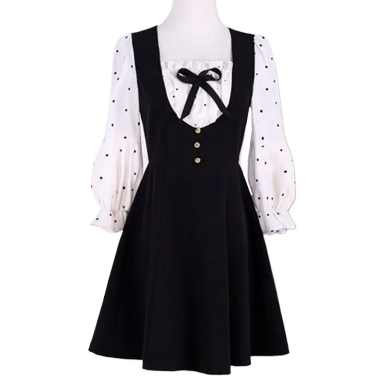 Dress Women Spring New Black Polka Dot Patchwork 2025, Slimming Down By Seven Points with Bubble Sleeves Dresses