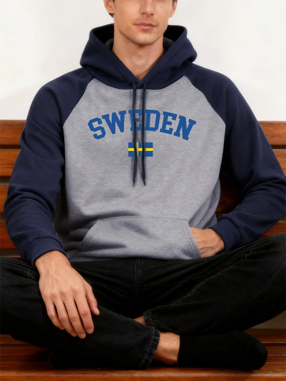 Schweden Text Mit Flagge Drucke Männer Hoodies Herbst Winter Spleißen Lose Mit Kapuze Fleece Raglan Pullover Grundlagen Tasche Männer Kleidung