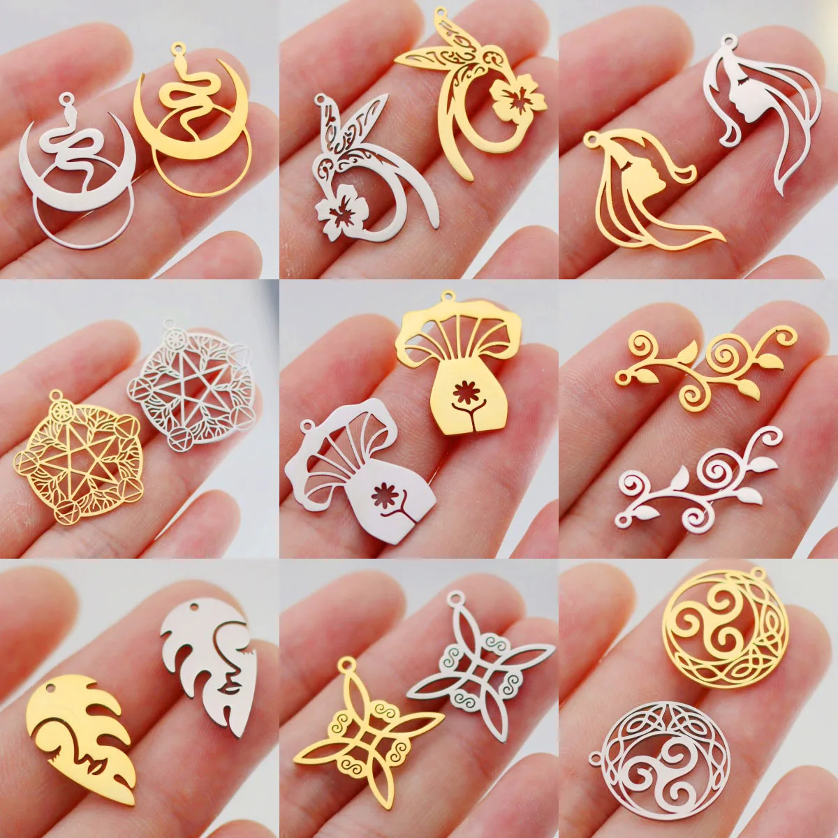 3Pcs Hollow Flower Leaf Charms Stainless Steel Moon/Star/Hummingbird/Witch Knot Pendants Amulet Diy Earrings Necklace Girl Craft