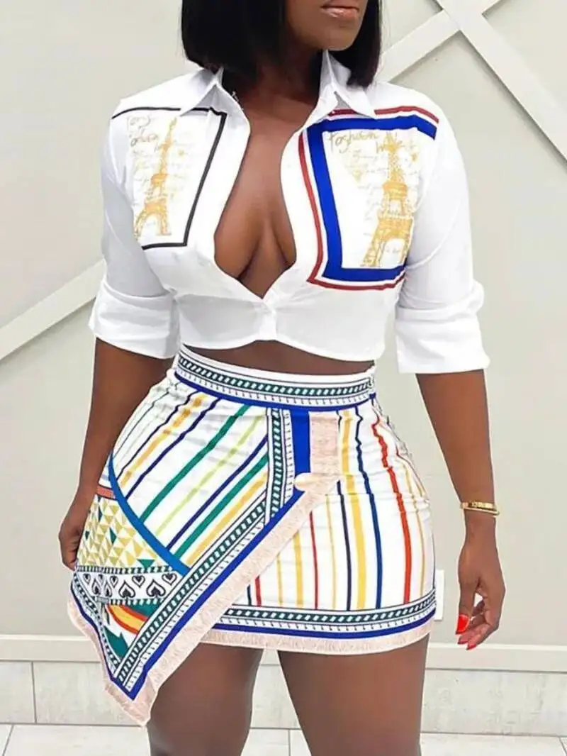 

Two Piece Set Women Outfit Summer Fashion Graphic Print Buttoned Turn-Down Collar Shirt & Striped Asymmetrical Skirt Set