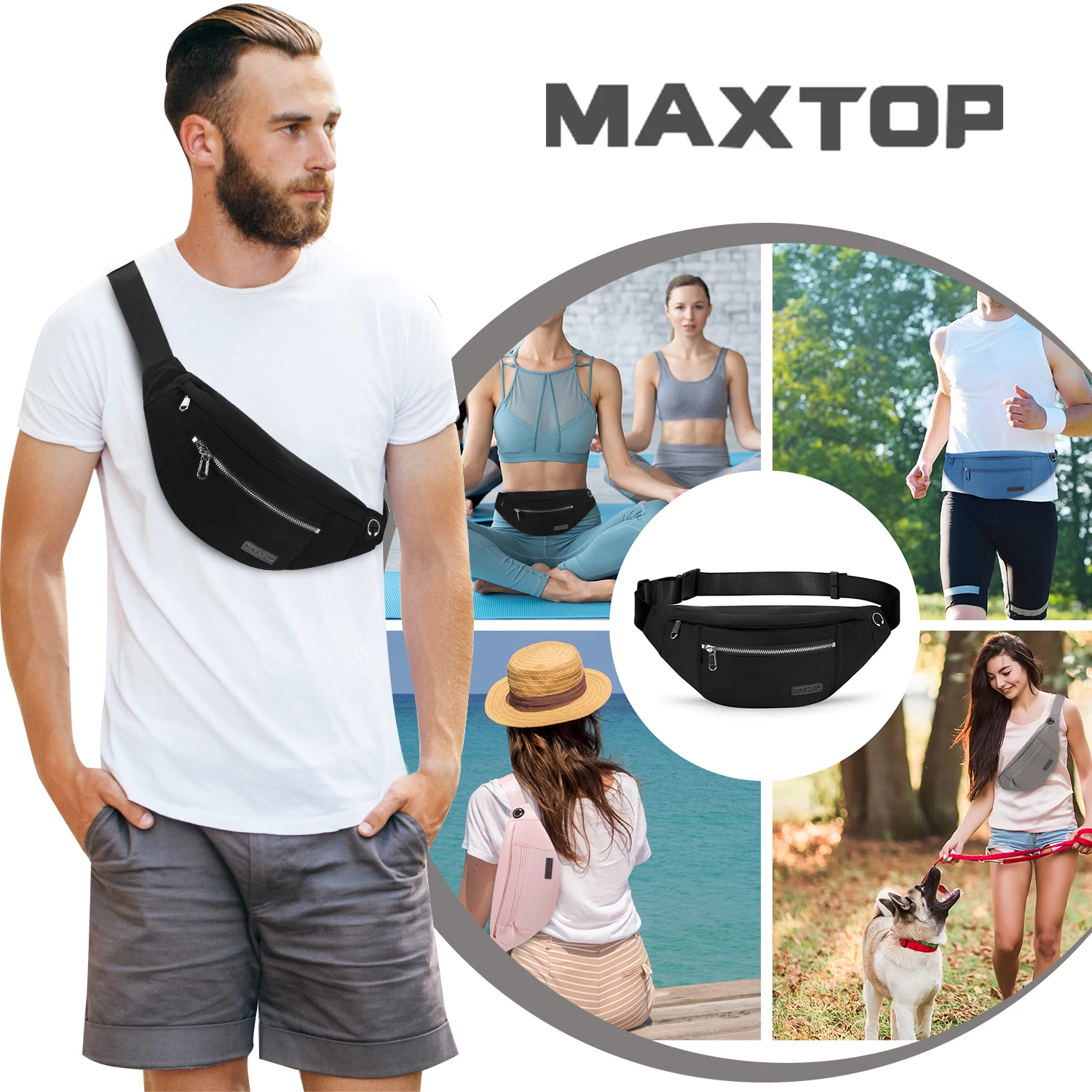 Maxtop กระเป๋าคาดเอวสำหรับผู้ชาย, กระเป๋าคาดลำตัวคาดเอวสำหรับกันน้ำสำหรับผู้หญิงเดินทางเดินเขาวิ่งกระเป๋าข้างผู้ชาย