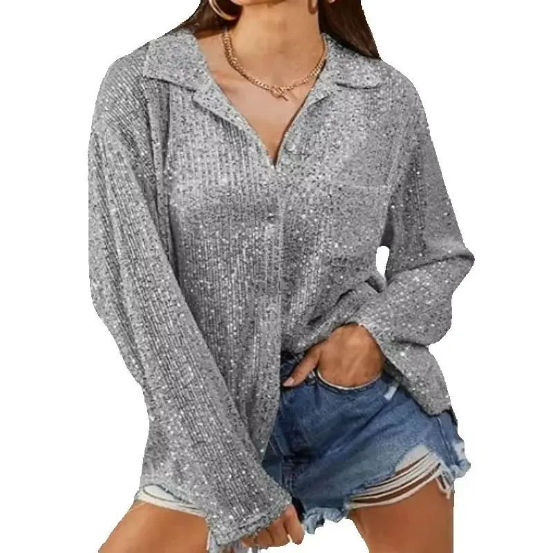 Wedifor Fashion Sequins Women Blouse Shirts Turn-down Collar Long Sleeve Button Casual Tops Elegant Glitter Party Clubwear Shirt