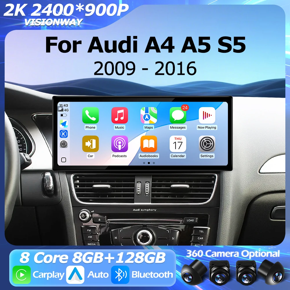 Android 16 Auto For Audi A4 A5 S5 2009-2016 Car Radio 2400*900P Wireless Carplay Multimedia Player Bluetooth GPS Navigation