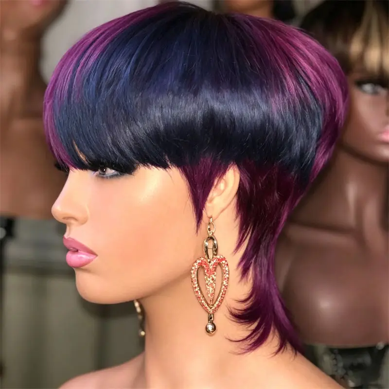 Short Mullet Pixie Cut Human Hair Wig Black Purple Ombre Full Machine Made With Bangs Soft Smooth For Women Festival Cosplay