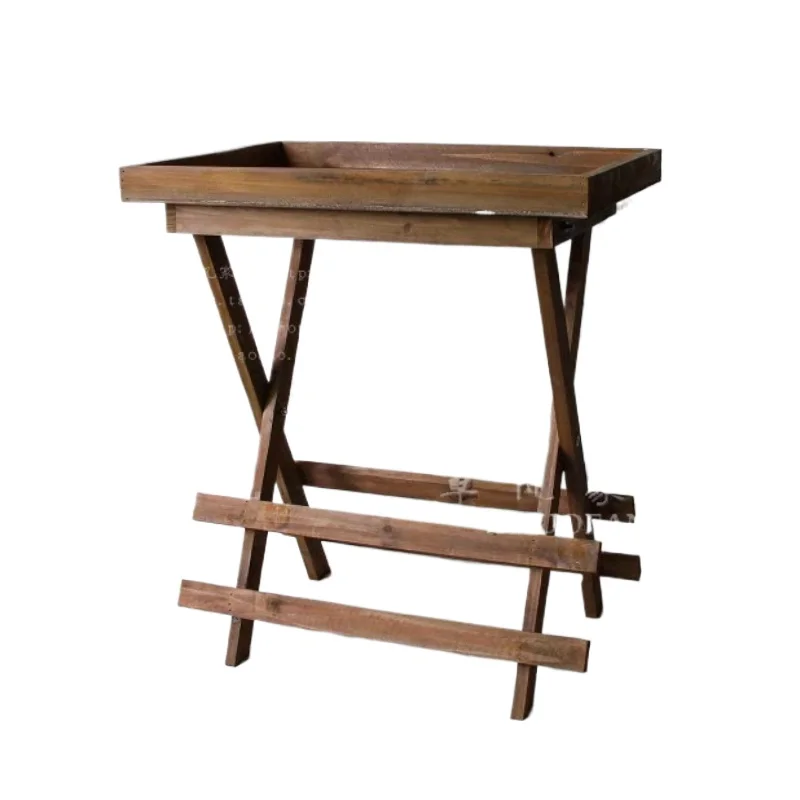 

Rural retro solid wood storage folding rack tray coffee table wooden movable bracket balcony wooden flower stand flower table