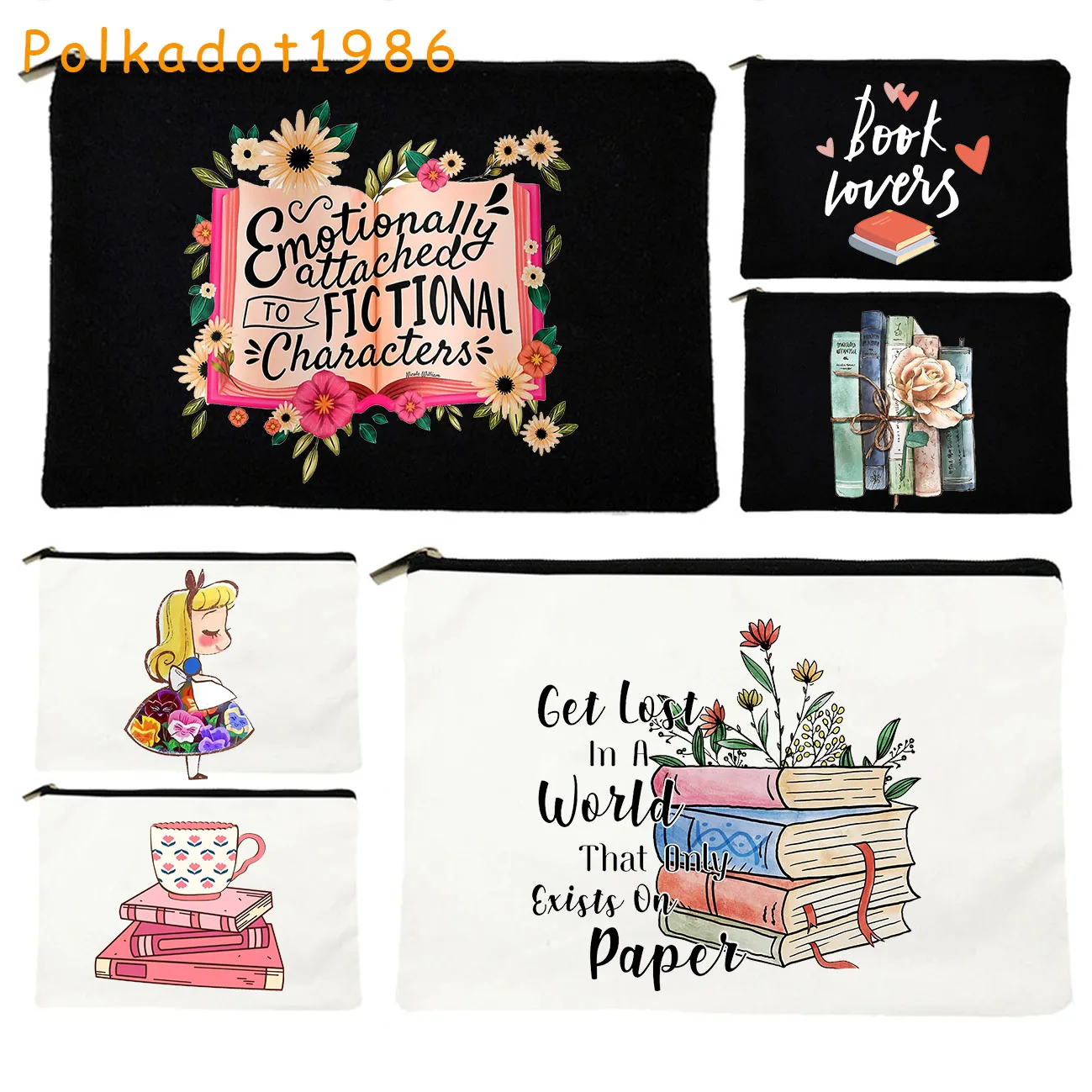

Colorful Floral Bookstack ALICE Cup Reading Books Lover Gifts Bookish Canvas Cosmetic Bags Makeup Bags Pencil Case Zipper Pouch