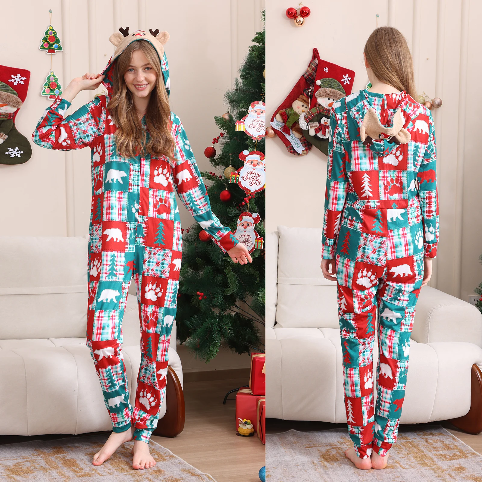 Family Christmas Pajamas Long Sleeve Christmas Tree Print Hooded Jumpsuit Sleepwear