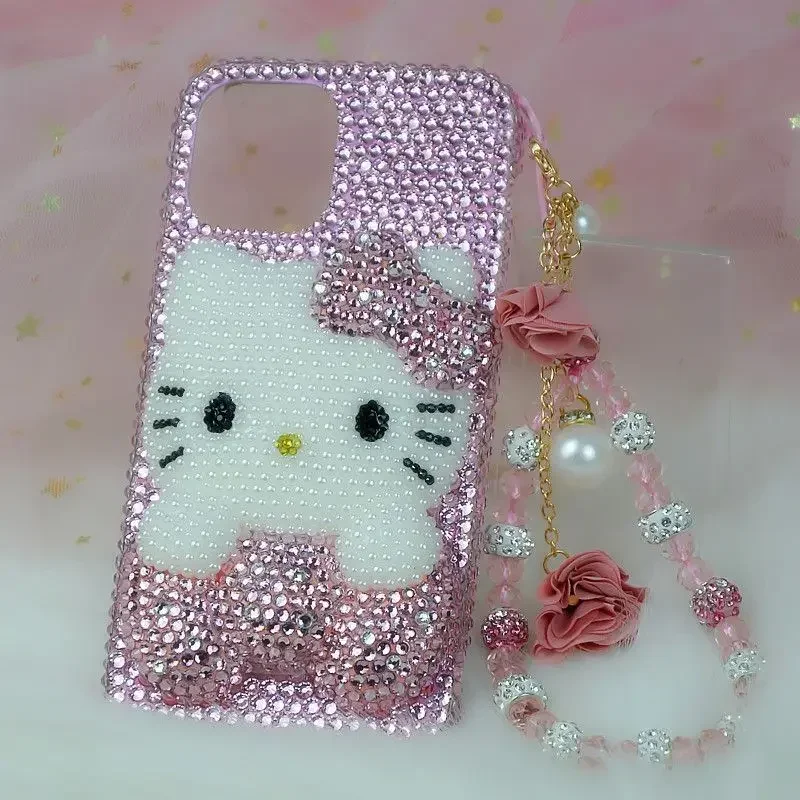 Cartoon 16 Pro Max Hello Kitty Protective Case for iPhone, Handmade, Rhinestone 7 11 12 14 15 13 Pro Max  Xs 8 Plus Female 12